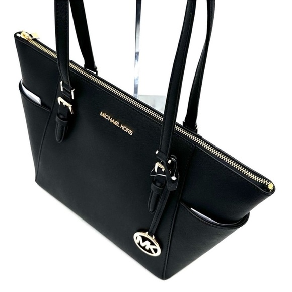 Michael Kors Large Charlotte Tote Bag Luggage Leather Black - Picture 6 of 12